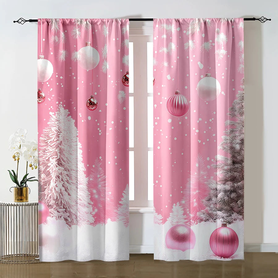 2Pcs Pink Christmas Tree Curtains with Pole Pockets Designed to Protect Privacy, Suitable for Decorating Various Scenes