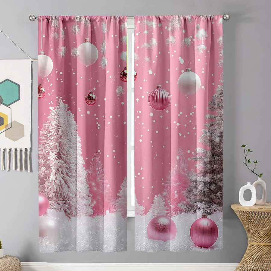 2Pcs Pink Christmas Tree Curtains with Pole Pockets Designed to Protect Privacy, Suitable for Decorating Various Scenes