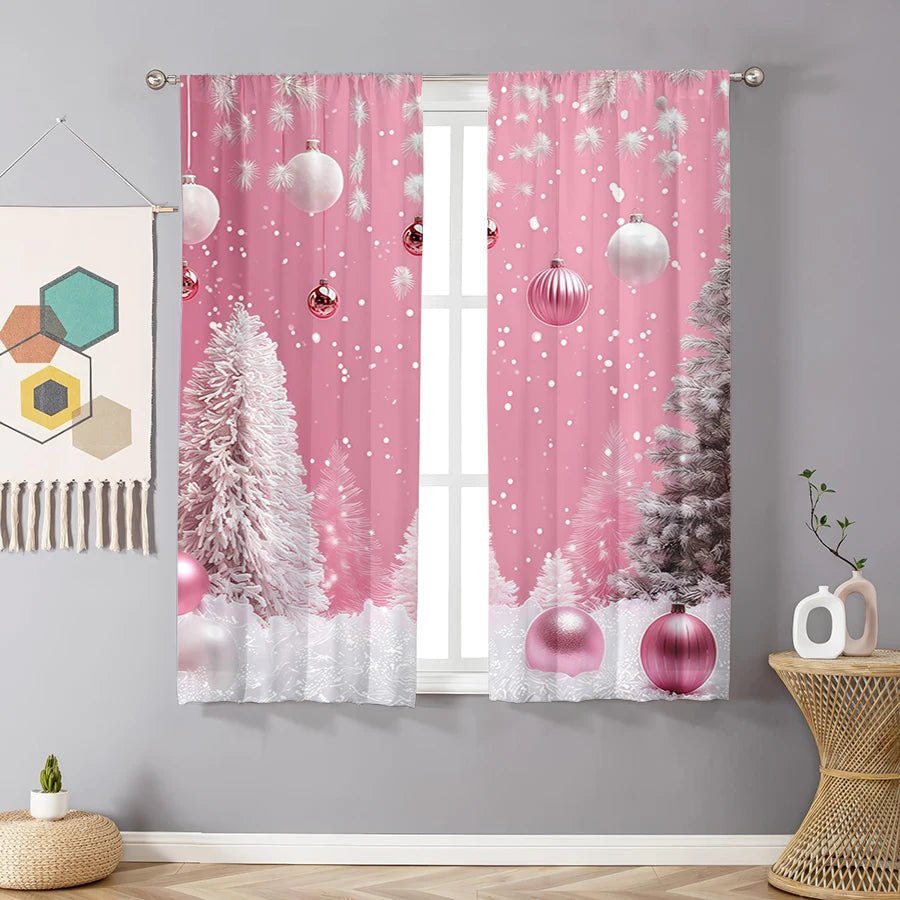 2Pcs Pink Christmas Tree Curtains with Pole Pockets Designed to Protect Privacy, Suitable for Decorating Various Scenes